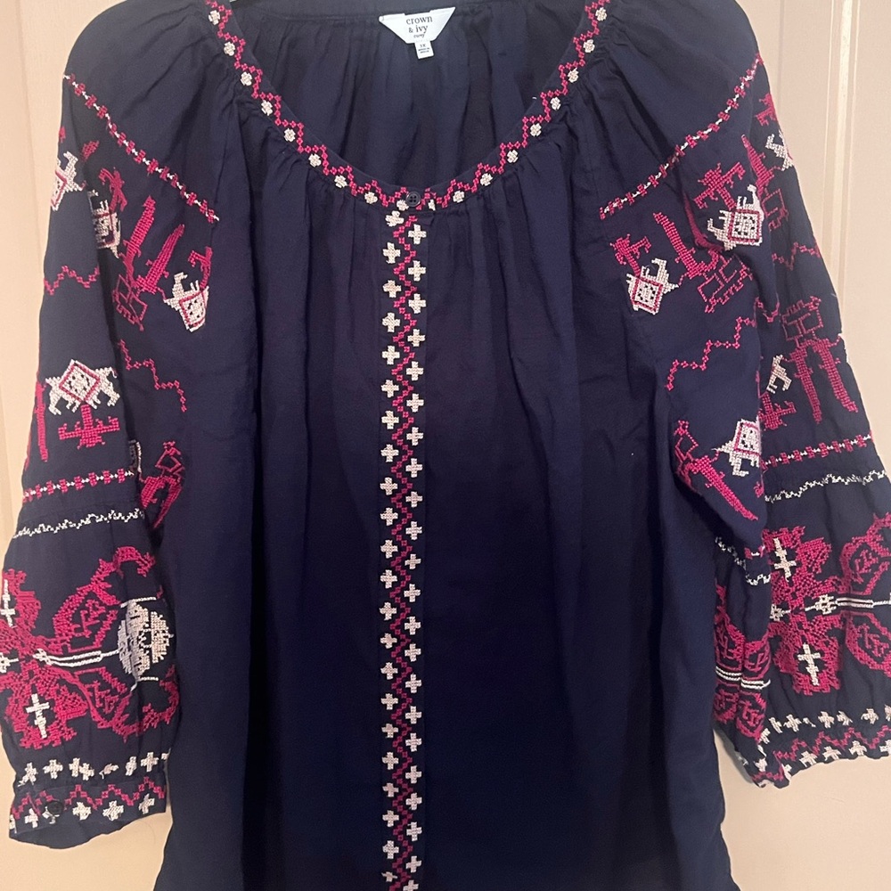 Crown & Ivy Navy Blouse with Pink Embroidery